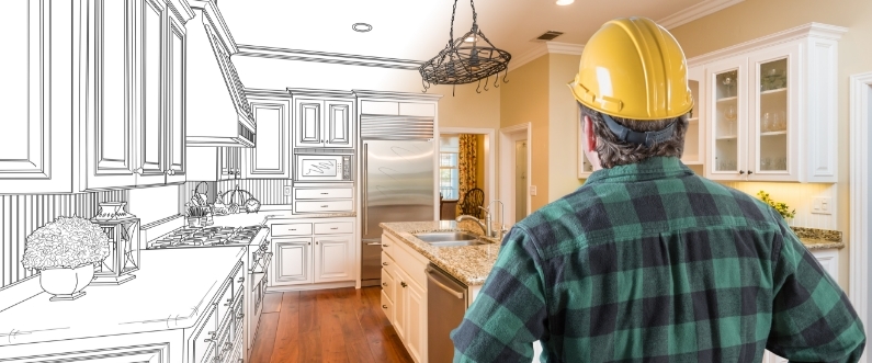 contractor stands in a kitchen half-rendered as a blueprint