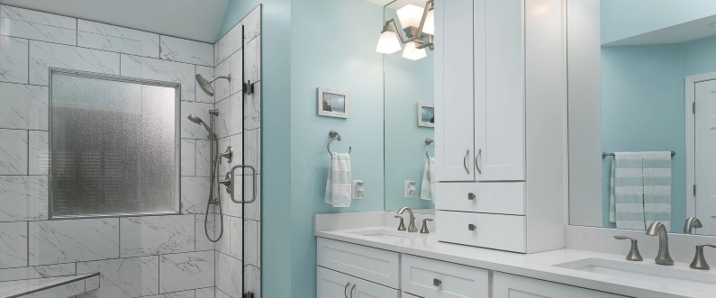 remodeled bathroom with blue walls
