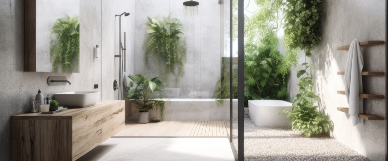 modern bathroom with a bathtub, sink, and plant wall decor. Generative AI