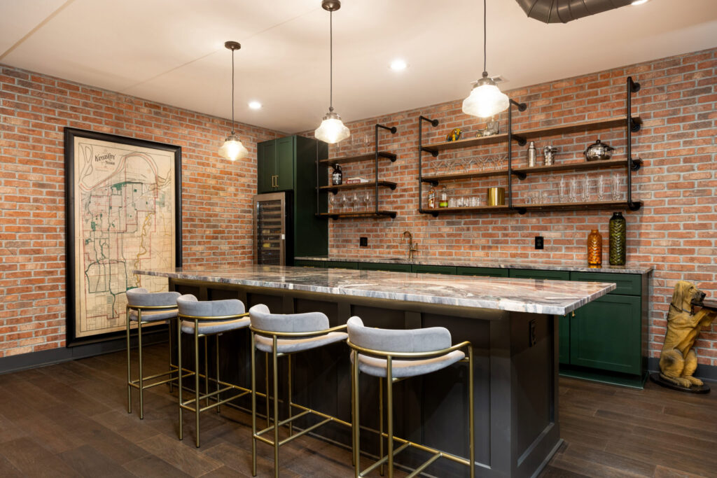 Speakeasy inspired basement remodel in Kansas City, Art Deco basement remodel, moody cabinets, exposed brick, luxury countertops
