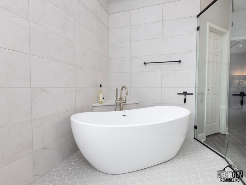 porcelain tile in shower remodel with soaker tub in wet room